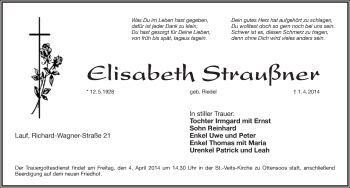 Traueranzeige von Elisabeth Straußner von Pegnitz-Zeitung
